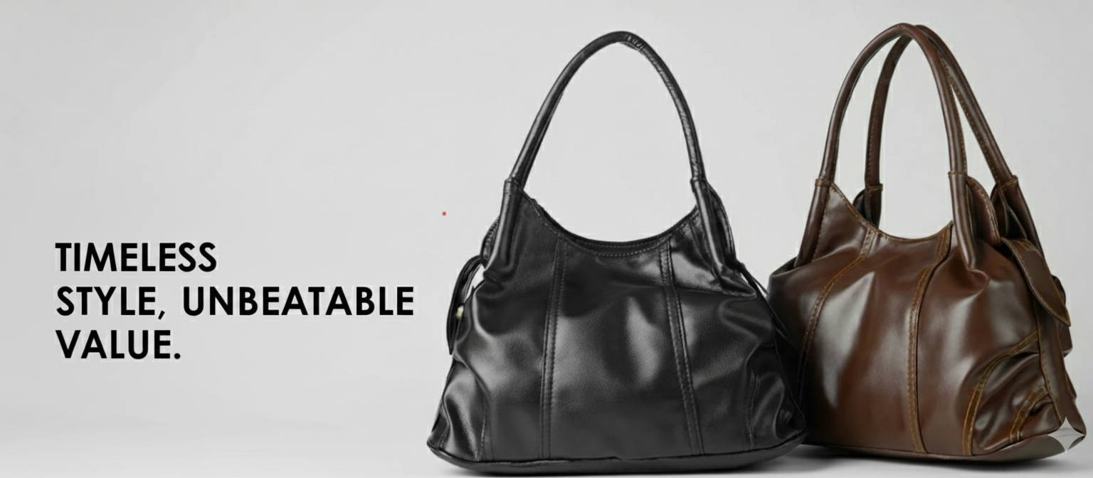 Two leather handbags, one black and one brown, on a light gray background with text 'Timeless Style, Unbeatable Value.'